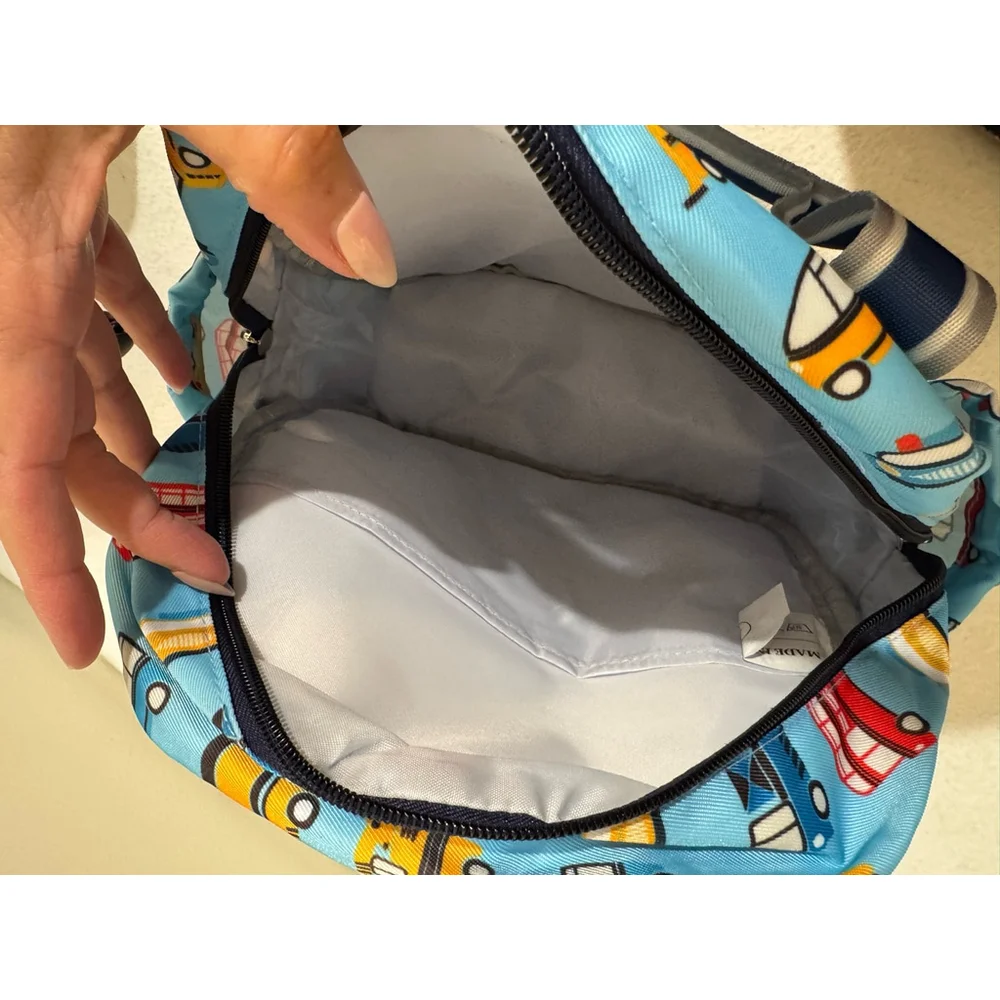 Boys QIXIU Backpack Small Blue Vehicle Print zip and side pockets adjustable